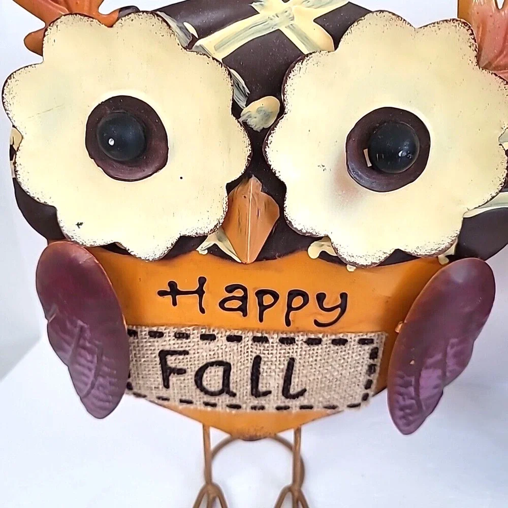 Set of 2 Tin Owls Acorn and‎ Bottle Cap Bodies with Big Eyes Fall Decor 12